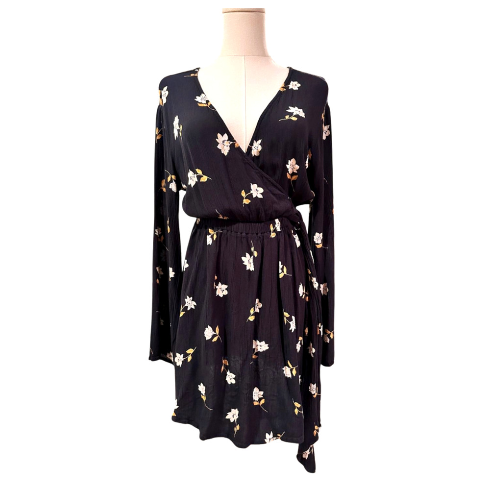Billabong Floral Mini Dress Faux Wrap Elastic Waist Long Sleeve Medium